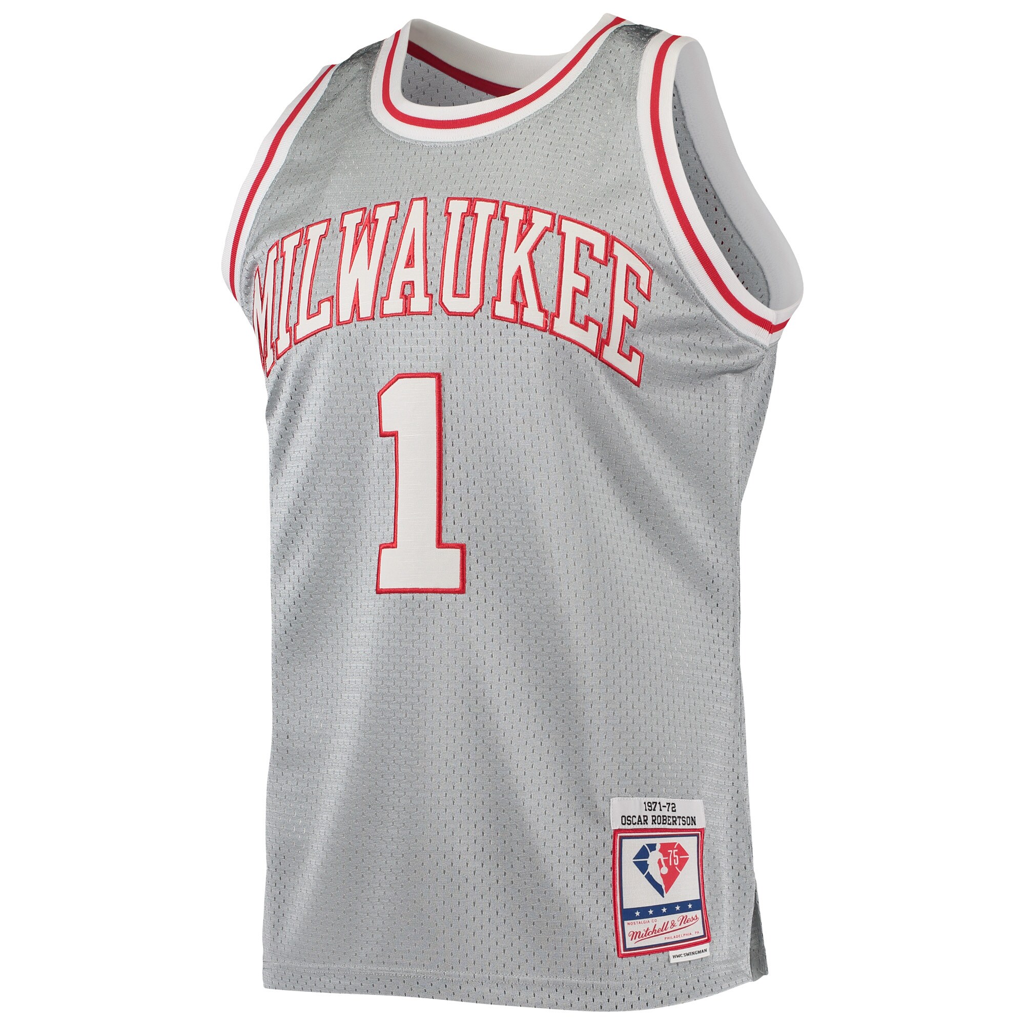 Alternative view of Oscar Robertson Milwaukee Bucks Mitchell & Ness 75th Anniversary 1971/72 Hardwood Classics Swingman Basketball Jersey - Silver