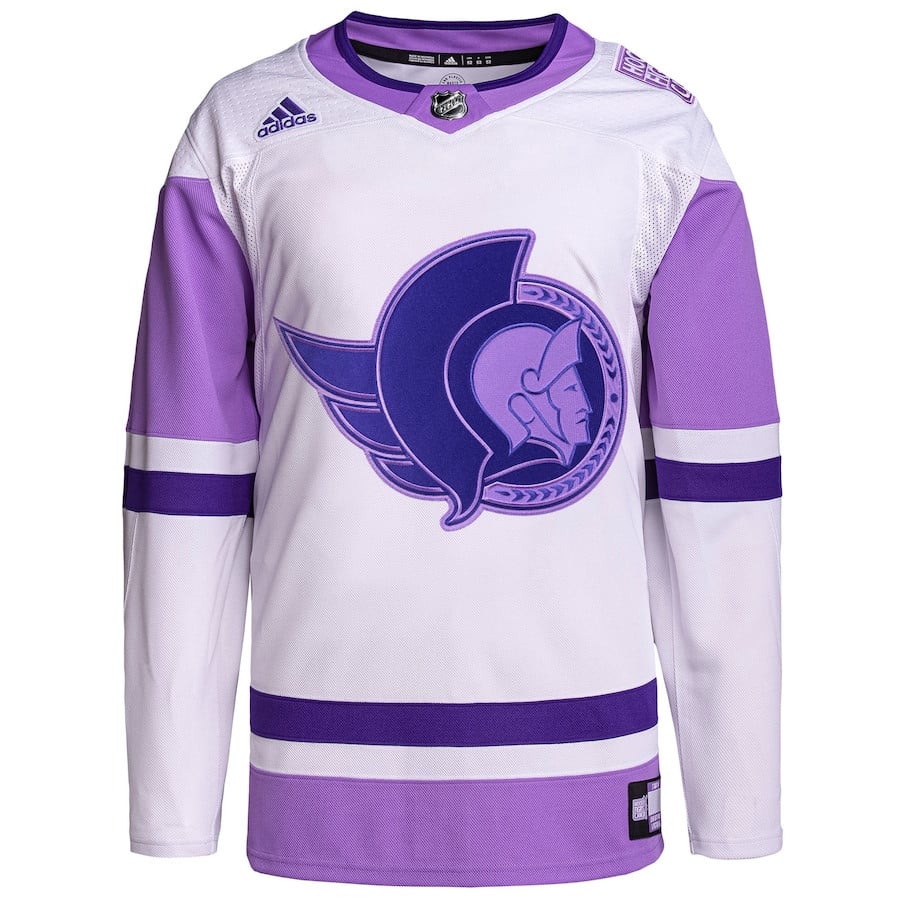 Alternative view of Ottawa Senators Hockey Fights Cancer Primegreen Custom Men Hockey Jersey - White/Purple - JS546 
