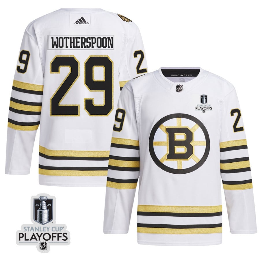 Parker Wotherspoon 29 Boston Bruins 2024 NHL Playoffs Patch Away Hockey Jersey - Men, White - JS241 