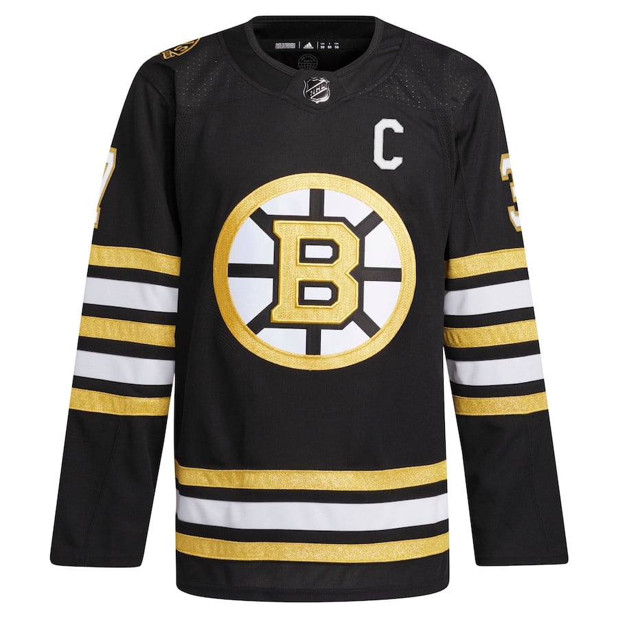 Alternative view of Patrice Bergeron 37 Boston Bruins 100th Anniversary Primegreen Home Men Hockey Jersey - Black - JS410 