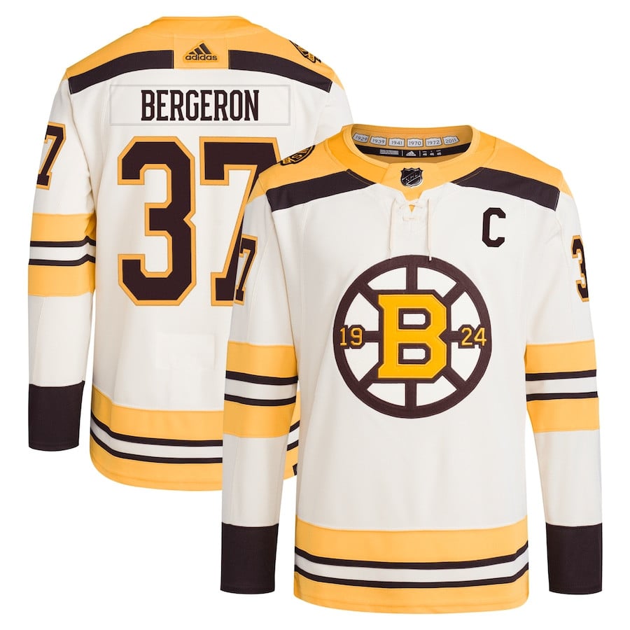 Patrice Bergeron 37 Boston Bruins 100th Anniversary Primegreen Third Men Hockey Jersey - Cream - JS307 