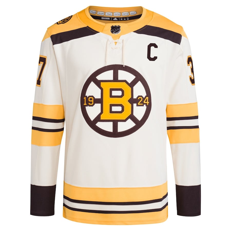 Alternative view of Patrice Bergeron 37 Boston Bruins 100th Anniversary Primegreen Third Men Hockey Jersey - Cream - JS307 