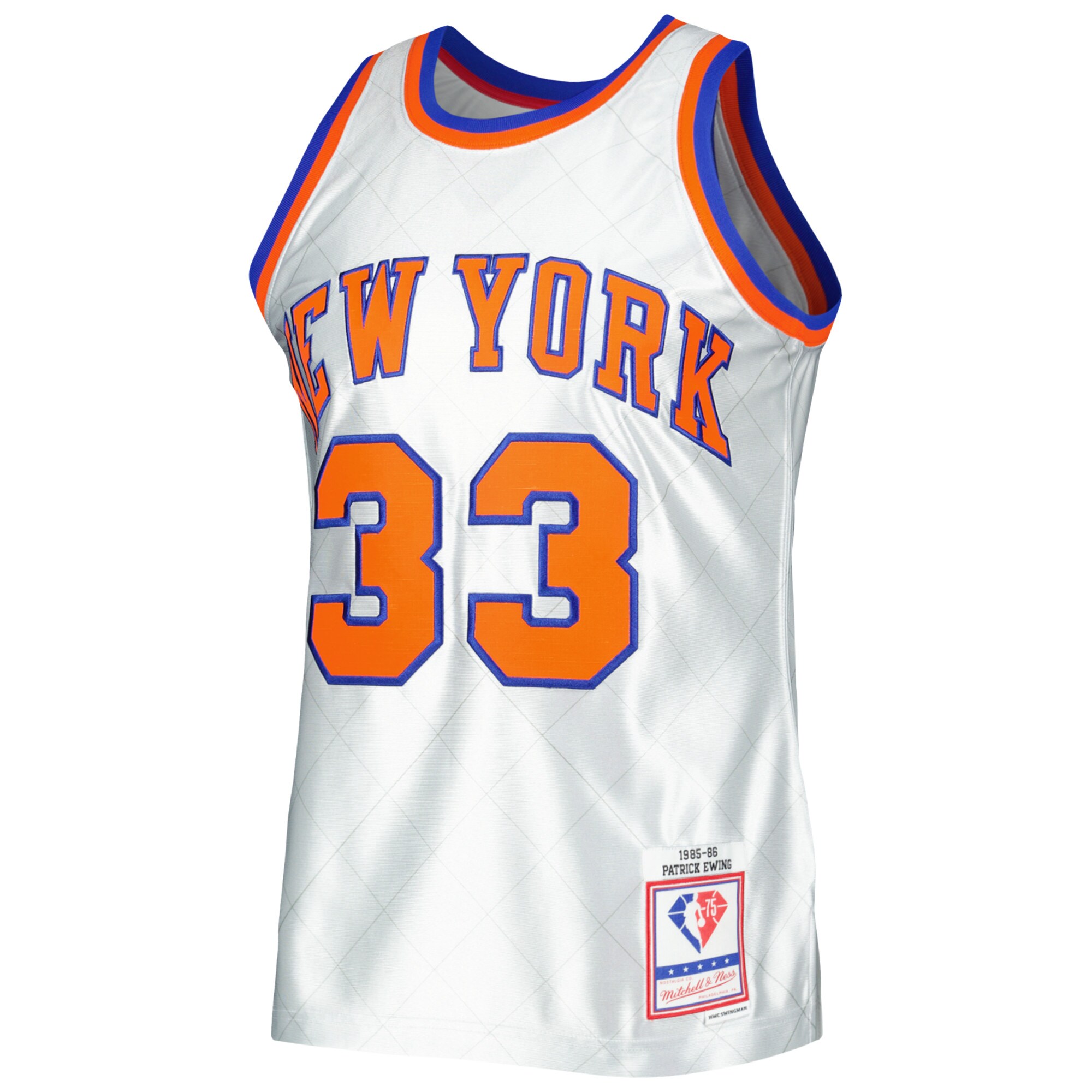 Alternative view of Patrick Ewing New York Knicks Mitchell & Ness 1985/86 Hardwood Classics 75th Anniversary Swingman Basketball Jersey - Platinum