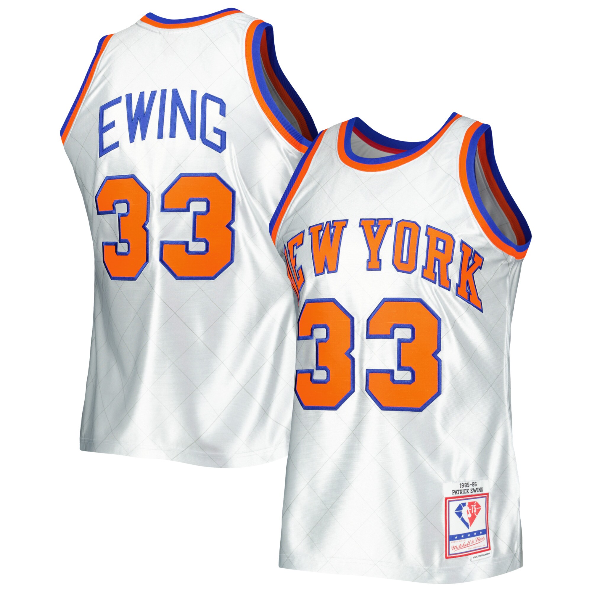 Alternative view of Patrick Ewing New York Knicks Mitchell & Ness 1985/86 Hardwood Classics 75th Anniversary Swingman Basketball Jersey - Platinum