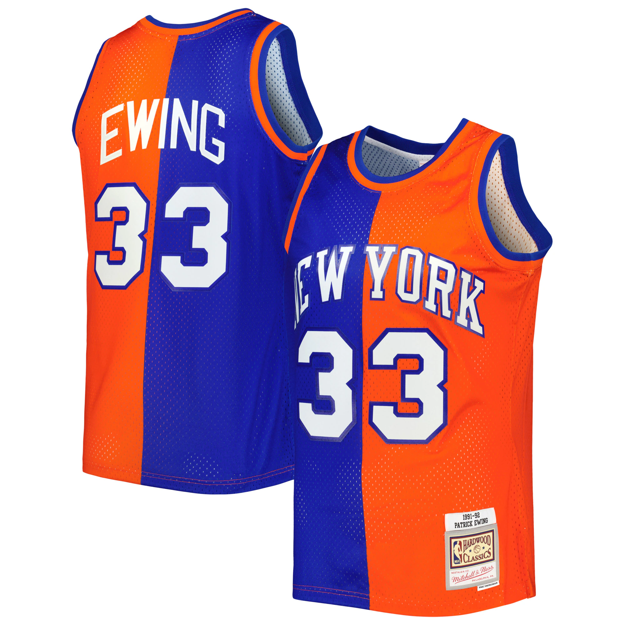Patrick Ewing New York Knicks Mitchell & Ness Hardwood Classics 1991/92 Split Swingman Basketball Jersey - Blue/orange