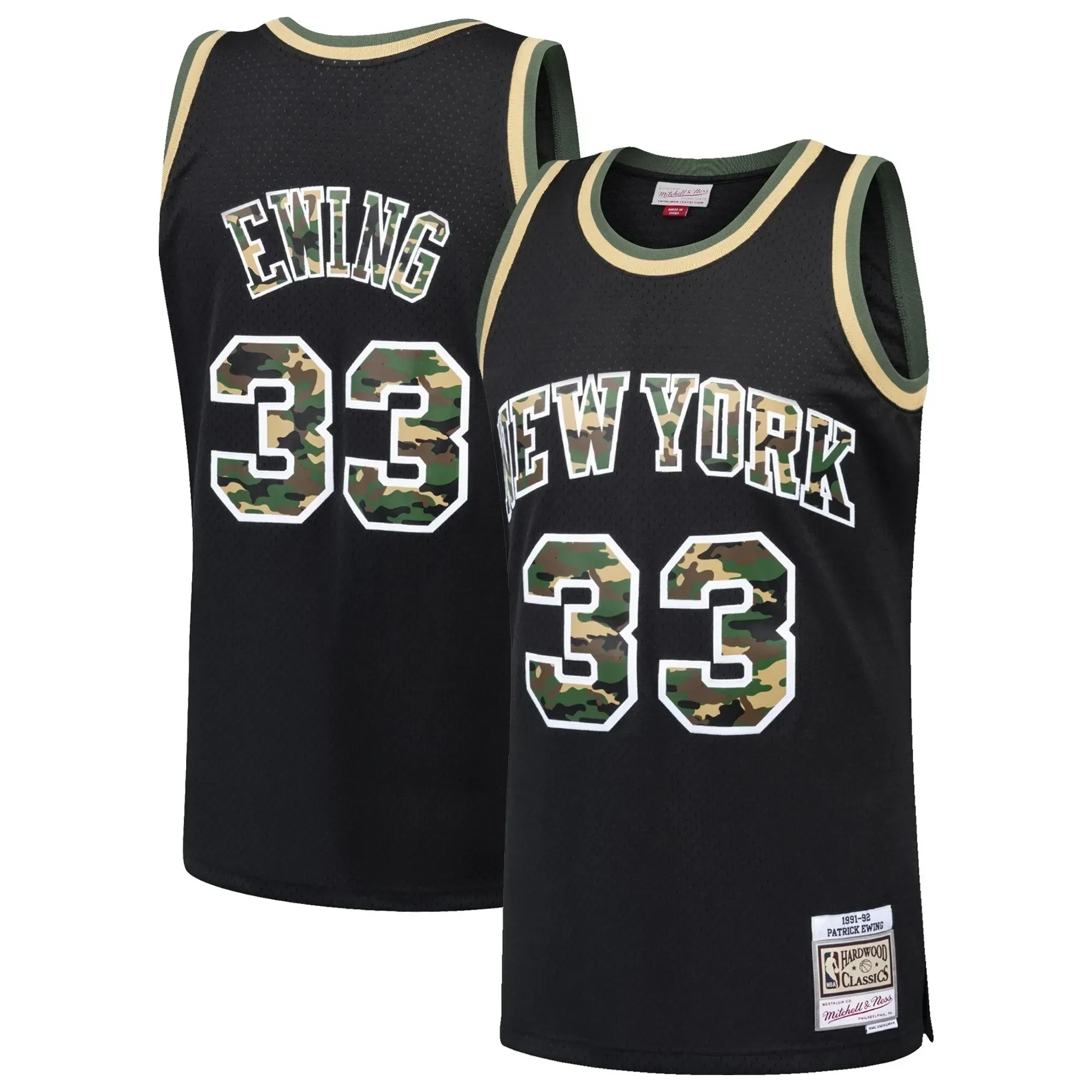 Patrick Ewing New York Knicks Mitchell & Ness Straight Fire Camo Swingman Basketball Jersey - Black - JS136 