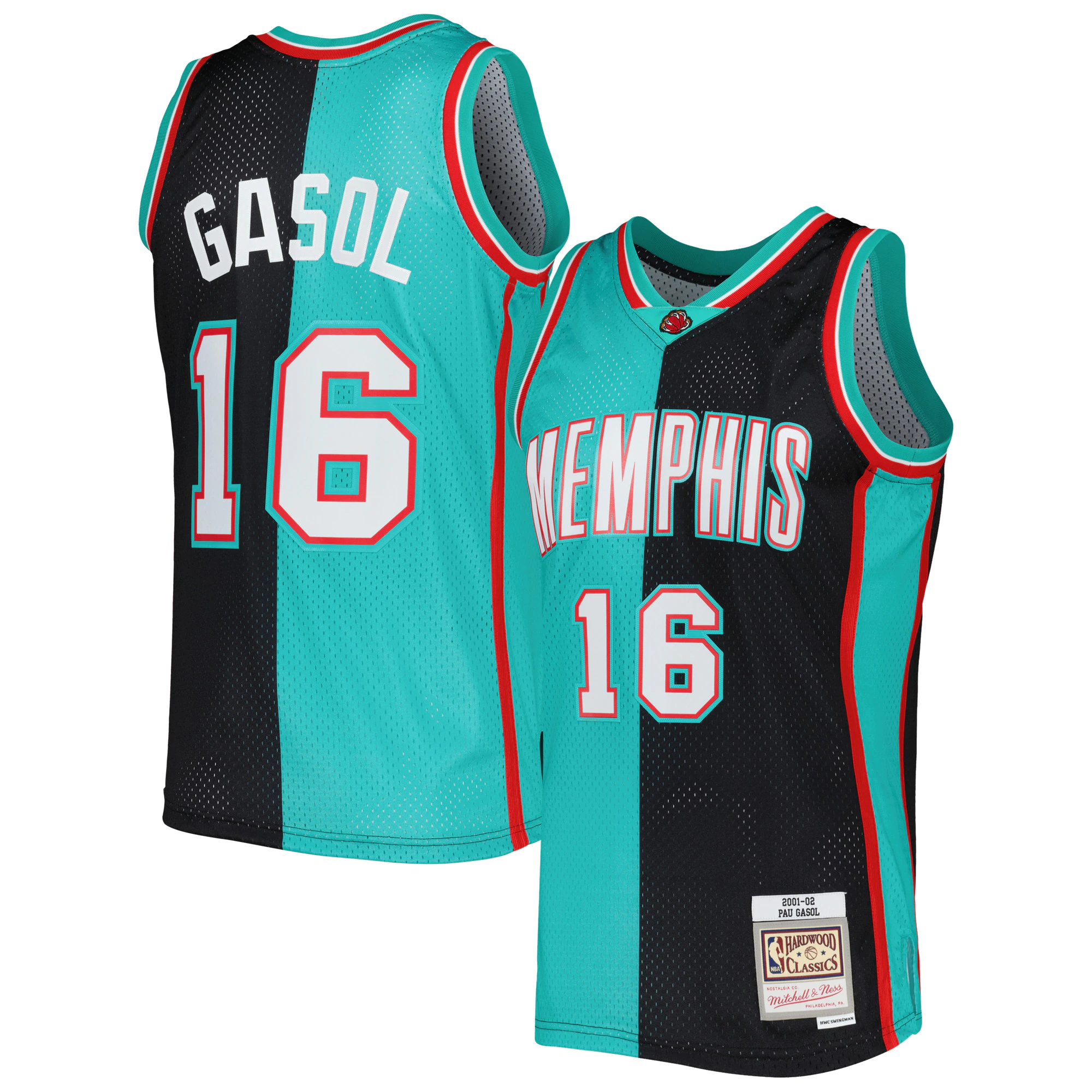 Pau Gasol Memphis Grizzlies Mitchell & Ness Hardwood Classics 2001/02 Split Swingman Basketball Jersey - Black/turquoise