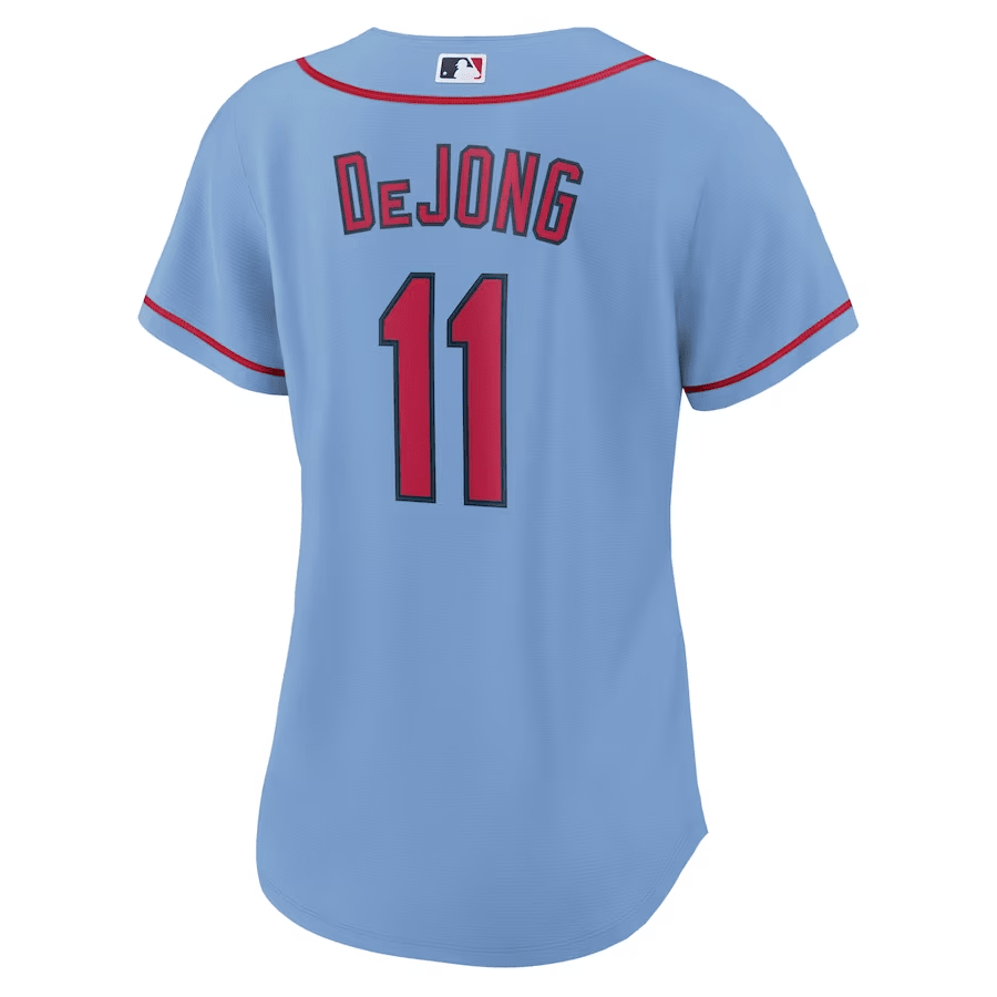 Alternative view of Paul DeJong 11 St. Louis Cardinals Women Alternate Baseball Jersey - Light Blue 