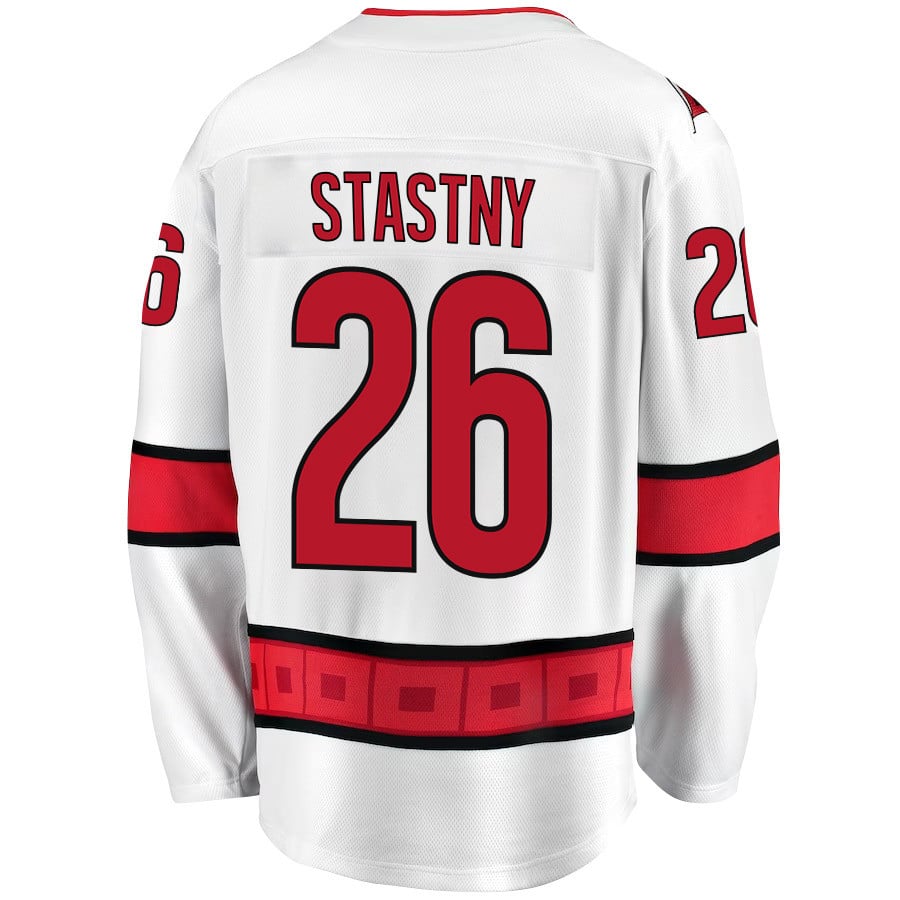 Alternative view of Paul Stastny 26 Carolina Hurricanes Stanley Cup 2023 Playoffs Patch Away Breakaway Men Hockey Jersey - White - JS844 