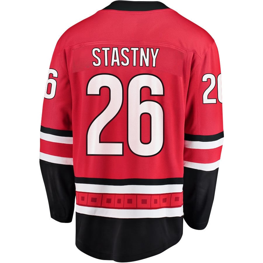 Alternative view of Paul Stastny 26 Carolina Hurricanes Stanley Cup 2023 Playoffs Patch Home Breakaway Men Hockey Jersey - Red - JS285 