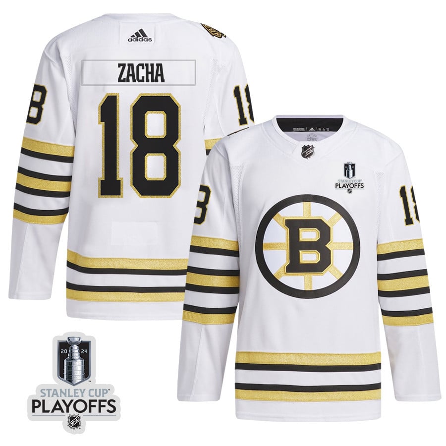 Pavel Zacha 18 Boston Bruins 2024 NHL Playoffs Patch Away Hockey Jersey - Men, White - JS834 