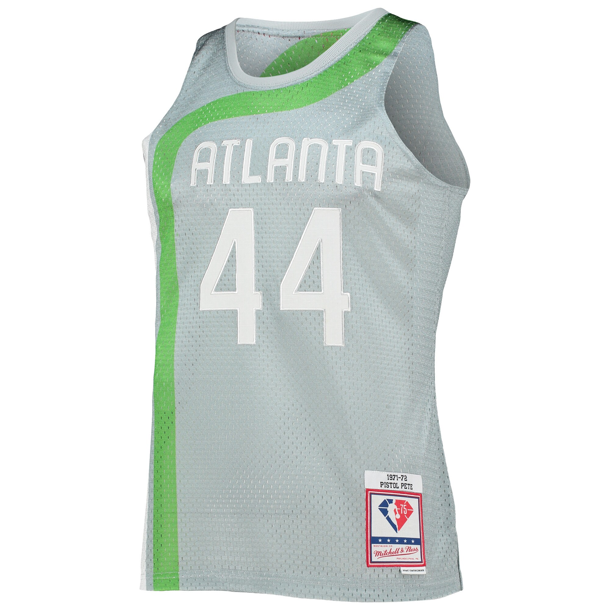 Alternative view of Pete Maravich Atlanta Hawks Mitchell & Ness 75th Anniversary 1971/72 Hardwood Classics Swingman Basketball Jersey - Silver