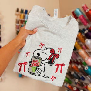 Snoopy with Soda Can Christmas Embroidery Sweatshirt, Cute Peanuts Dog Bow Holiday Stitch Pattern, Machine Embroidery