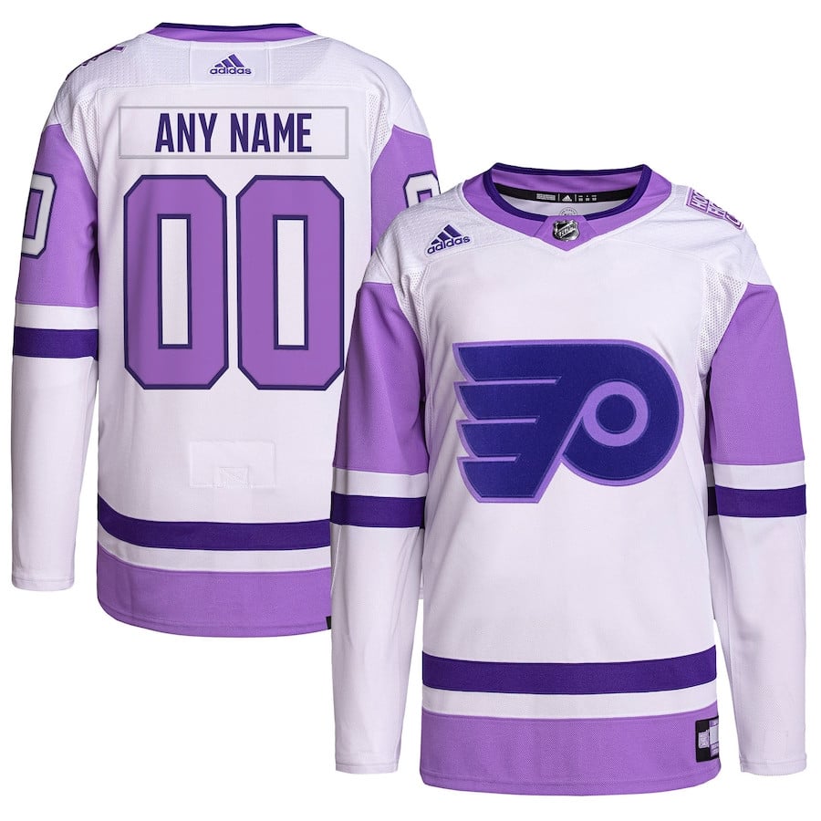 Philadelphia Flyers Hockey Fights Cancer Primegreen Custom Men Hockey Jersey - White/Purple - JS414 