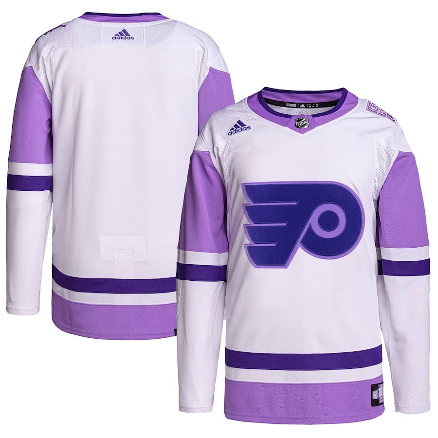 Philadelphia Flyers Hockey Fights Cancer Primegreen Men Hockey Jersey - White/Purple - JS967 