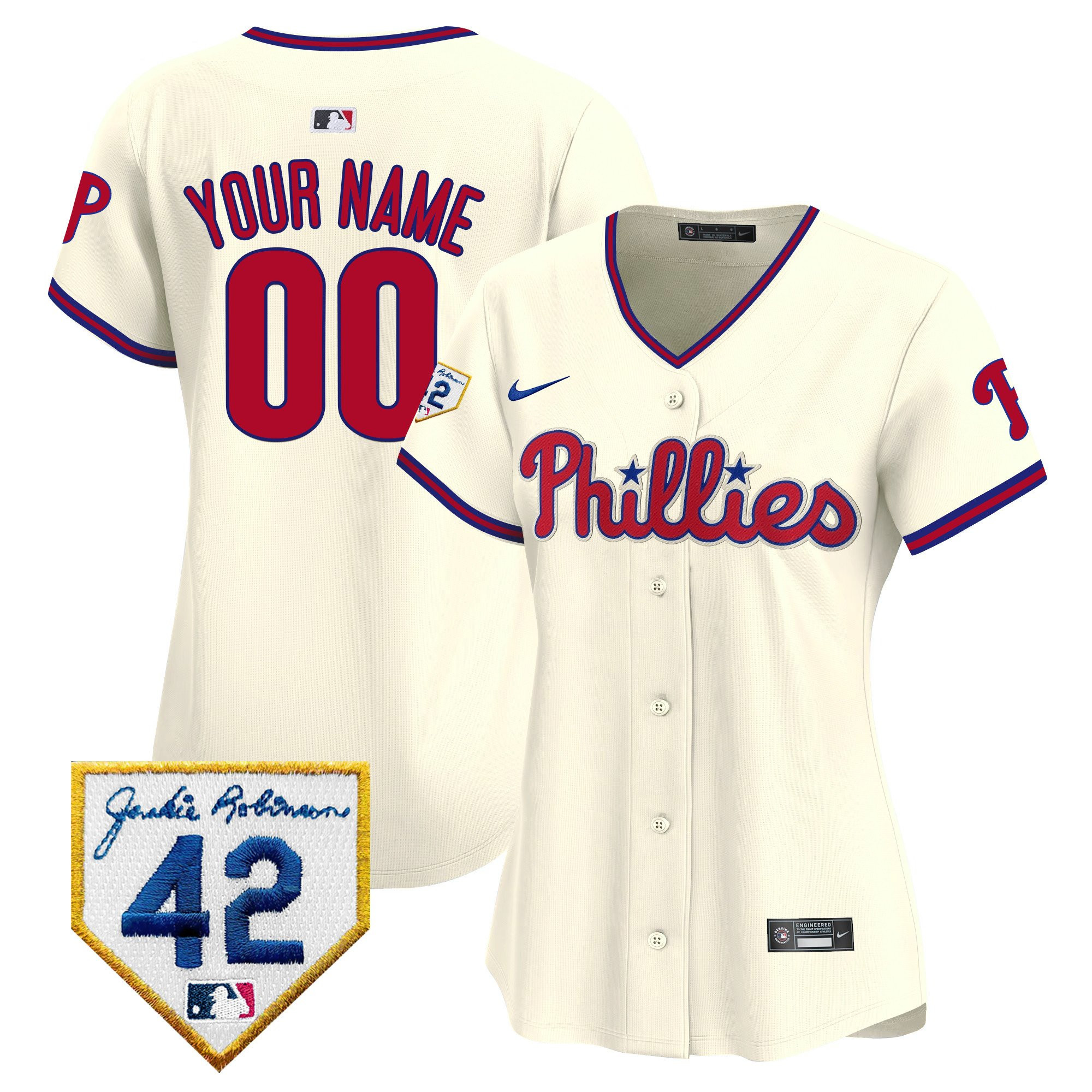 Philadelphia Phillies 2024 Jackie Robinson Patch Custom Women Baseball Jersey - Cream 