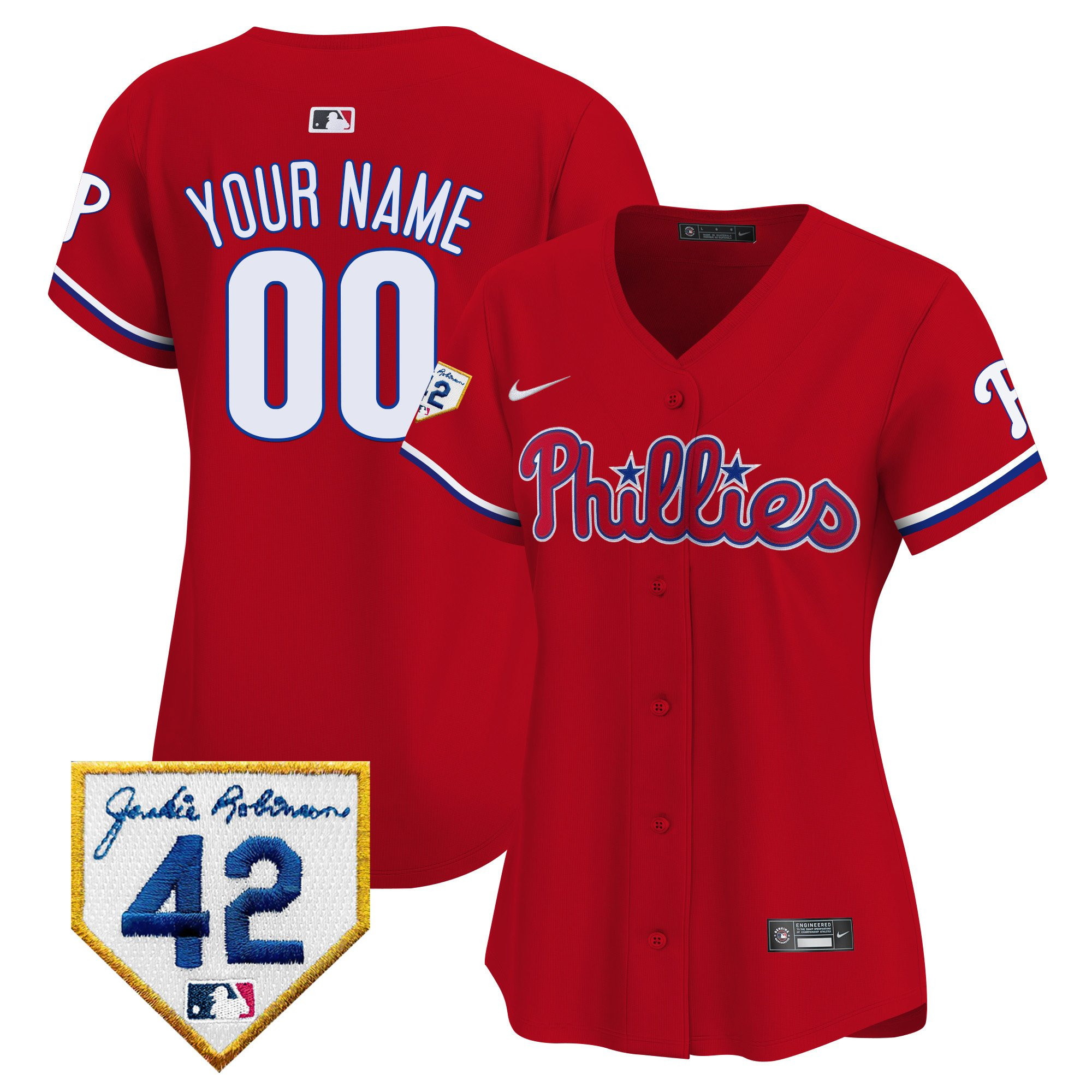 Philadelphia Phillies 2024 Jackie Robinson Patch Custom Women Baseball Jersey - Red 