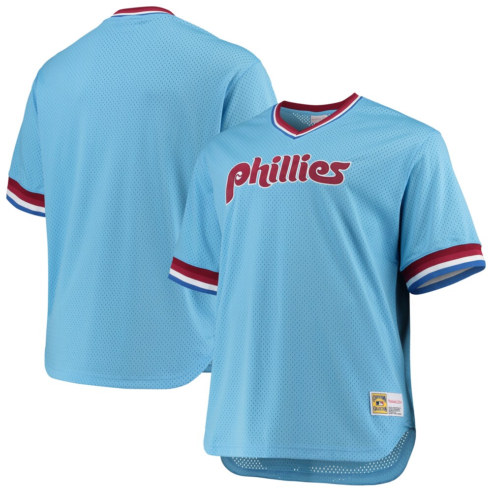 Philadelphia Phillies Mitchell & Ness Big & Tall Cooperstown Collection Mesh Wordmark V-neck Baseball Jersey - Light Blue