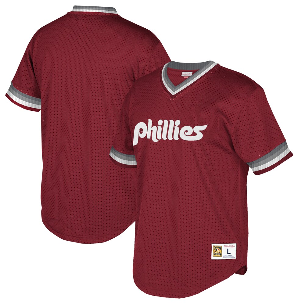 Philadelphia Phillies Mitchell & Ness Cooperstown Collection Mesh Wordmark V-neck Baseball Jersey - Burgundy