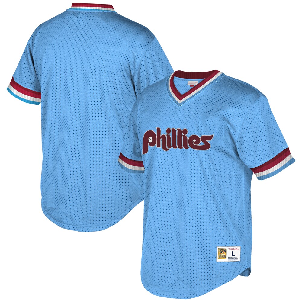 Philadelphia Phillies Mitchell & Ness Cooperstown Collection Mesh Wordmark V-neck Baseball Jersey - Light Blue