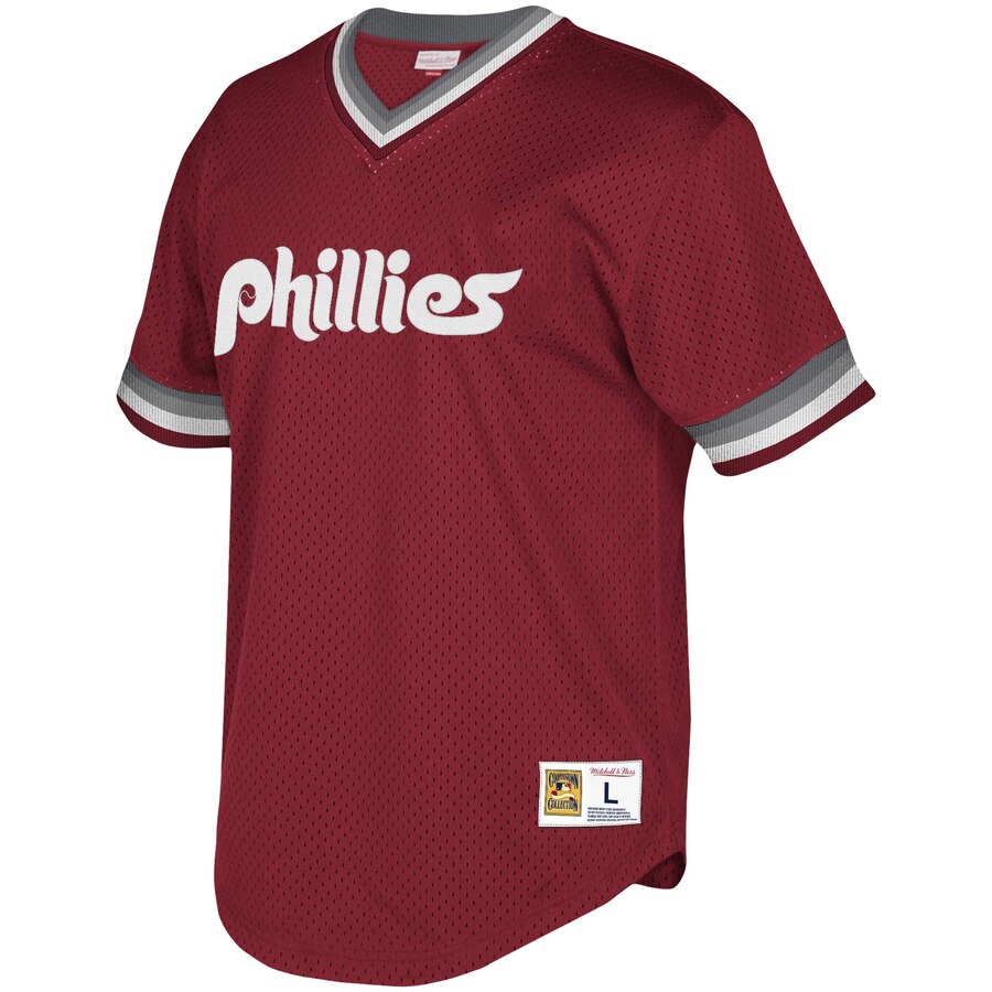 Alternative view of Philadelphia Phillies Mitchell & Ness Youth Cooperstown Collection Mesh Wordmark V-neck Baseball Jersey - Burgundy