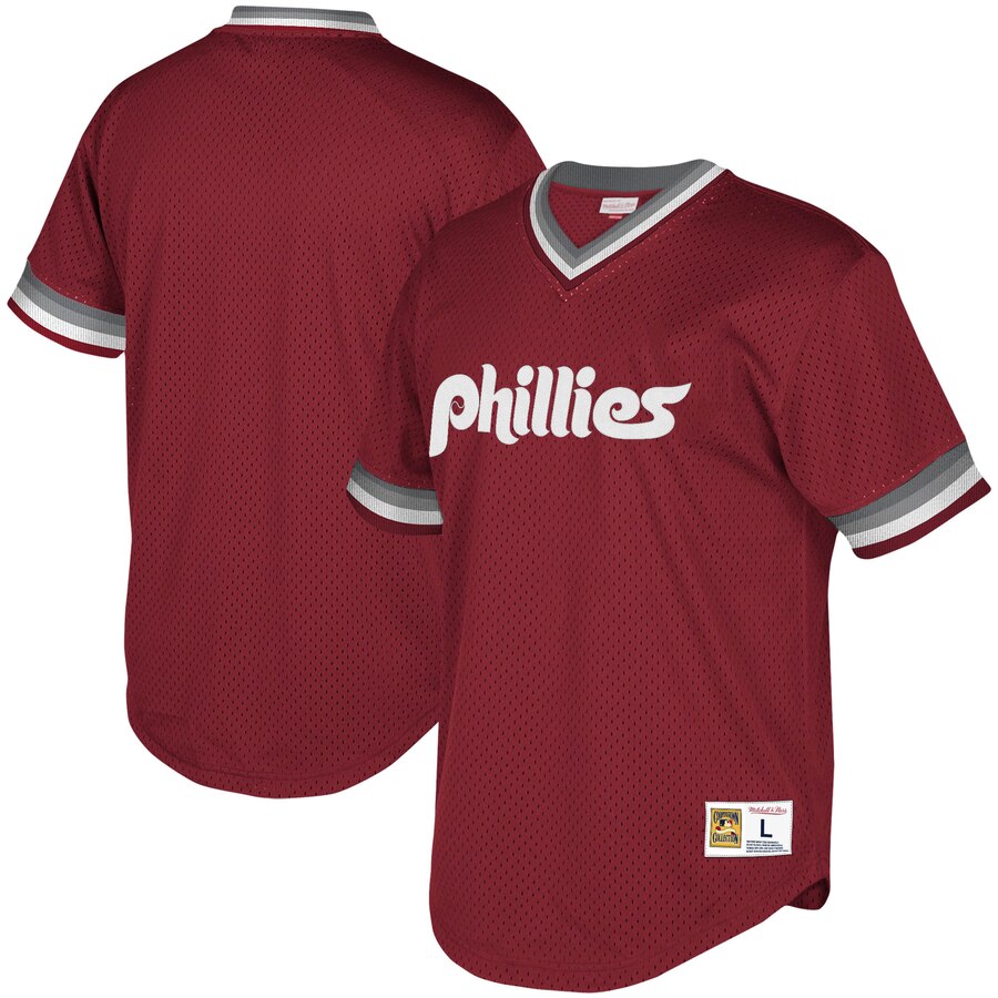 Philadelphia Phillies Mitchell & Ness Youth Cooperstown Collection Mesh Wordmark V-neck Baseball Jersey - Burgundy