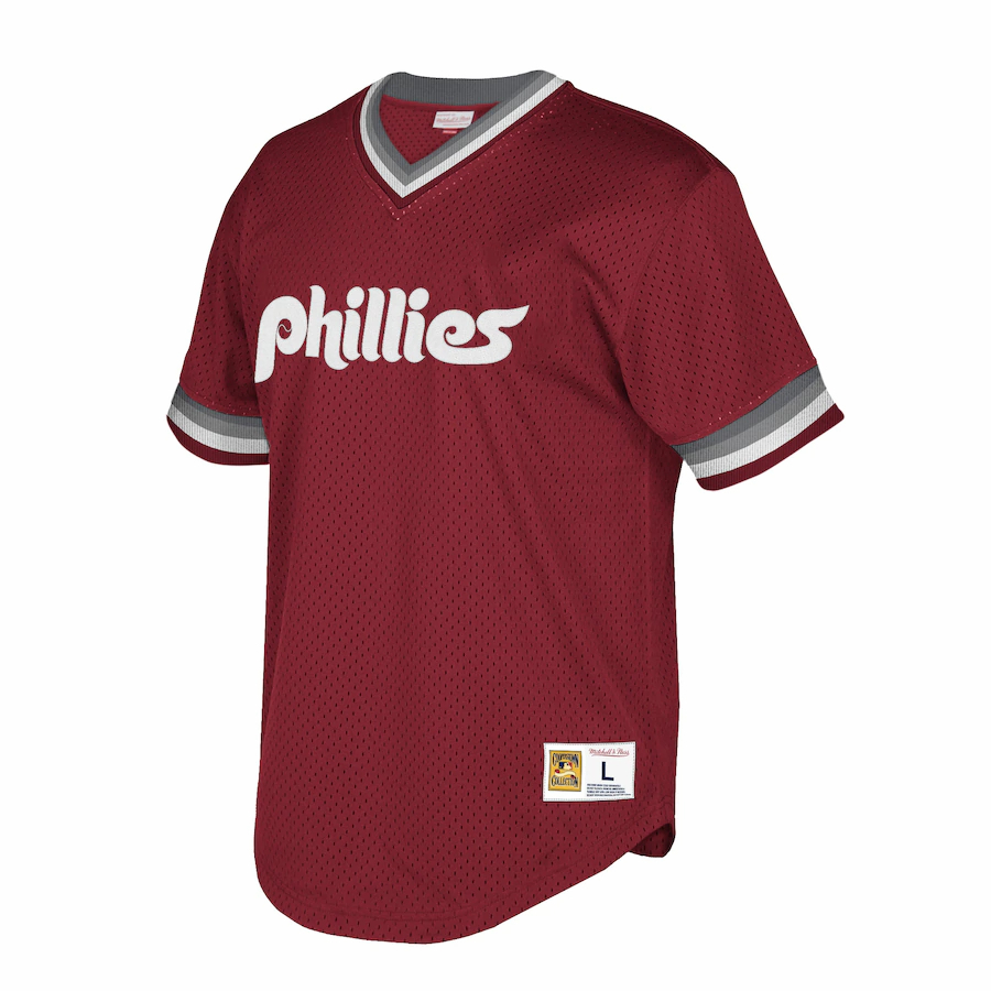 Alternative view of Philadelphia Phillies Mitchell And Ness Big And Tall Cooperstown Collection Mesh Wordmark V-neck Baseball Jersey - Maroon
