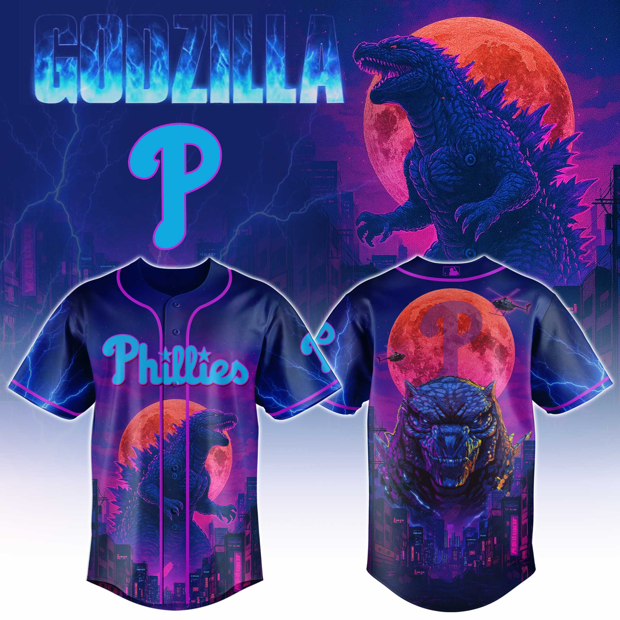 Philadelphia Phillies Mlb X Godzilla Neon City Custom Baseball Jersey
