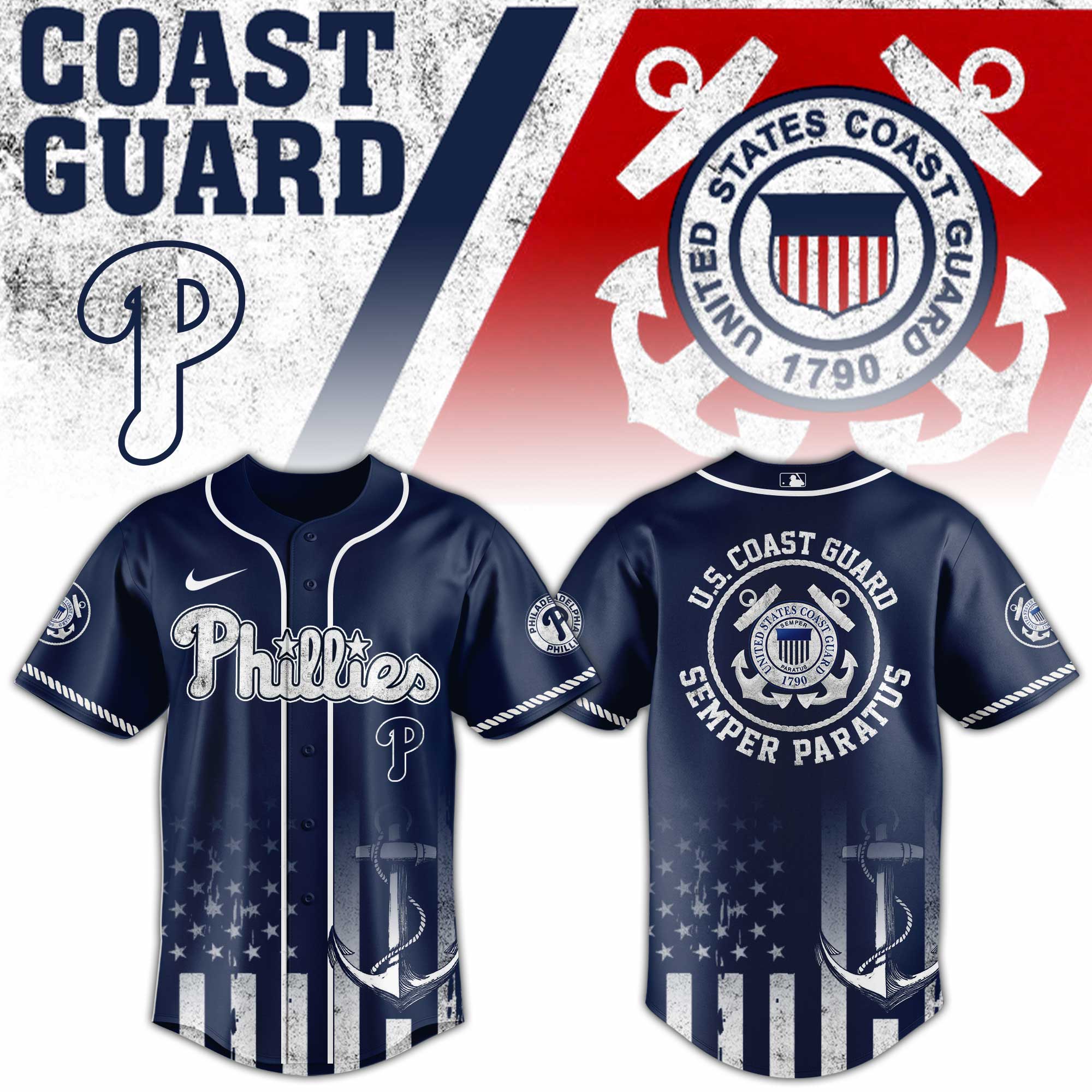 Philadelphia Phillies Mlb X Usa Coast Guard Custom Baseball Jersey