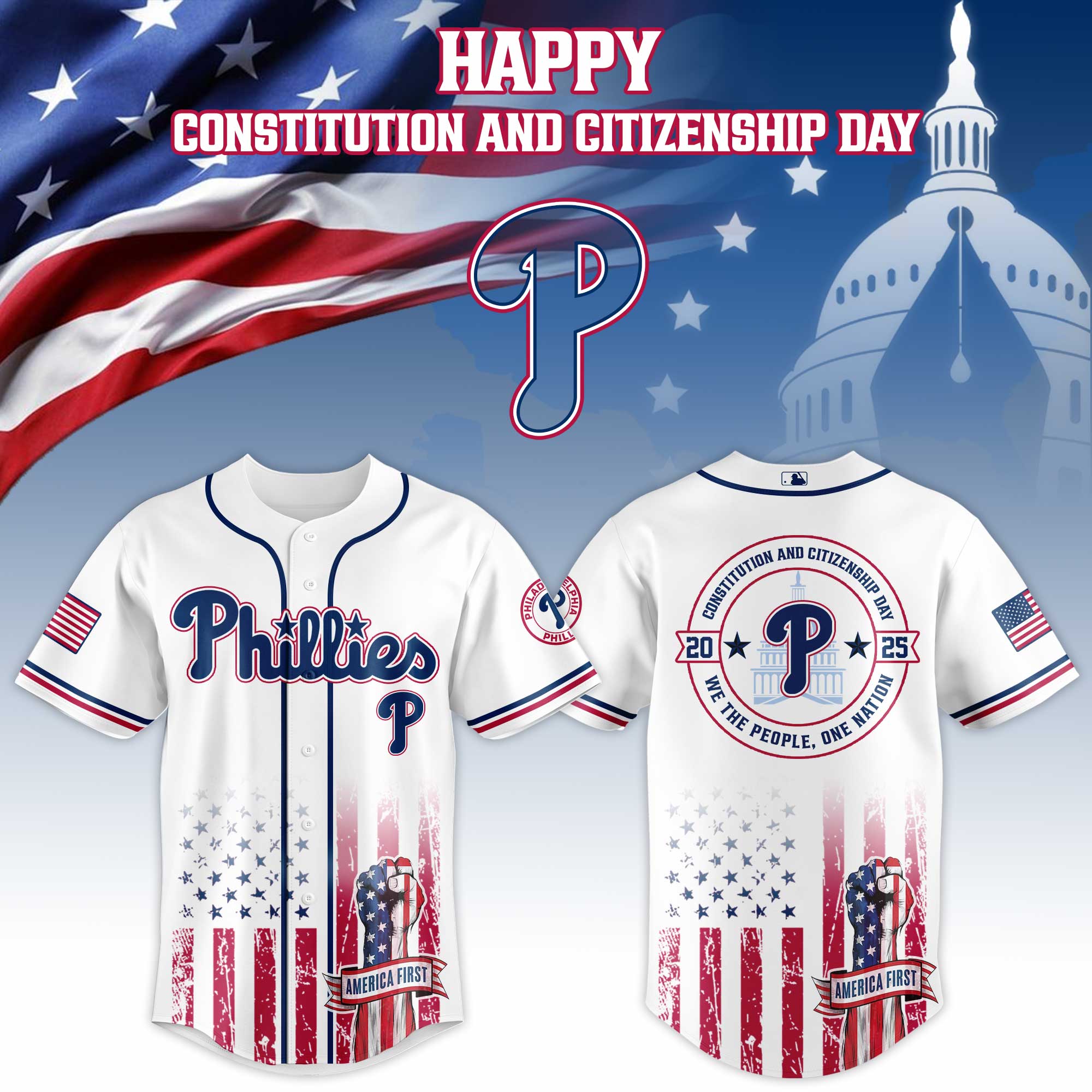 Philadelphia Phillies Mlb X Usa Happy Constitution And Citizenship Day Custom Baseball Jersey