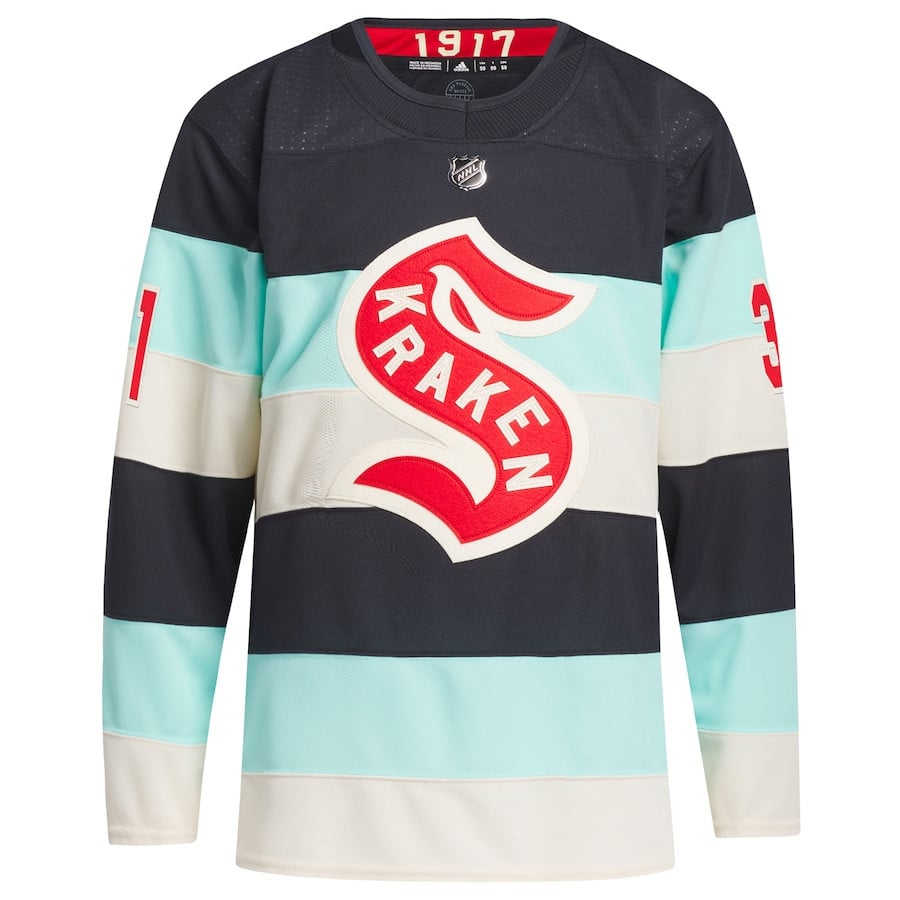 Alternative view of Philipp Grubauer 31 Seattle Kraken 2024 NHL Winter Classic Primegreen Men Hockey Jersey - Deep Sea Blue - JS841 