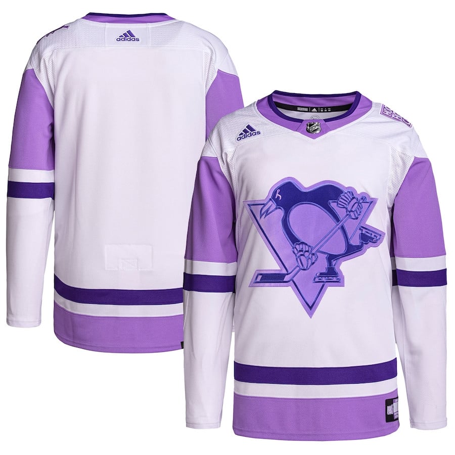 Pittsburgh Penguins Hockey Fights Cancer Primegreen Men Hockey Jersey - White/Purple - JS587 