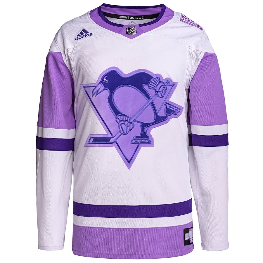Alternative view of Pittsburgh Penguins Hockey Fights Cancer Primegreen Men Hockey Jersey - White/Purple - JS587 