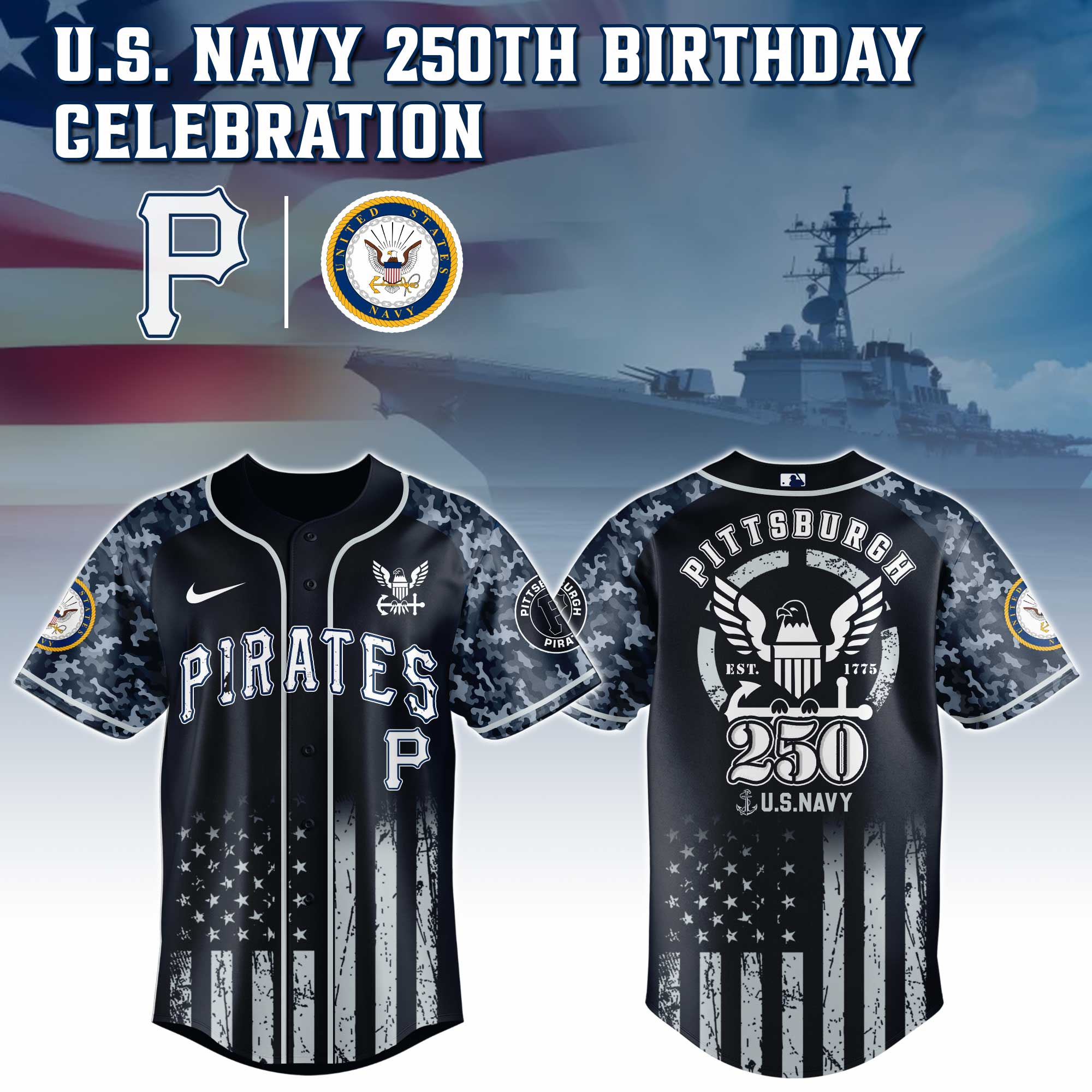 Pittsburgh Pirates Mlb X 250 U.s. Navy Custom Baseball Jersey