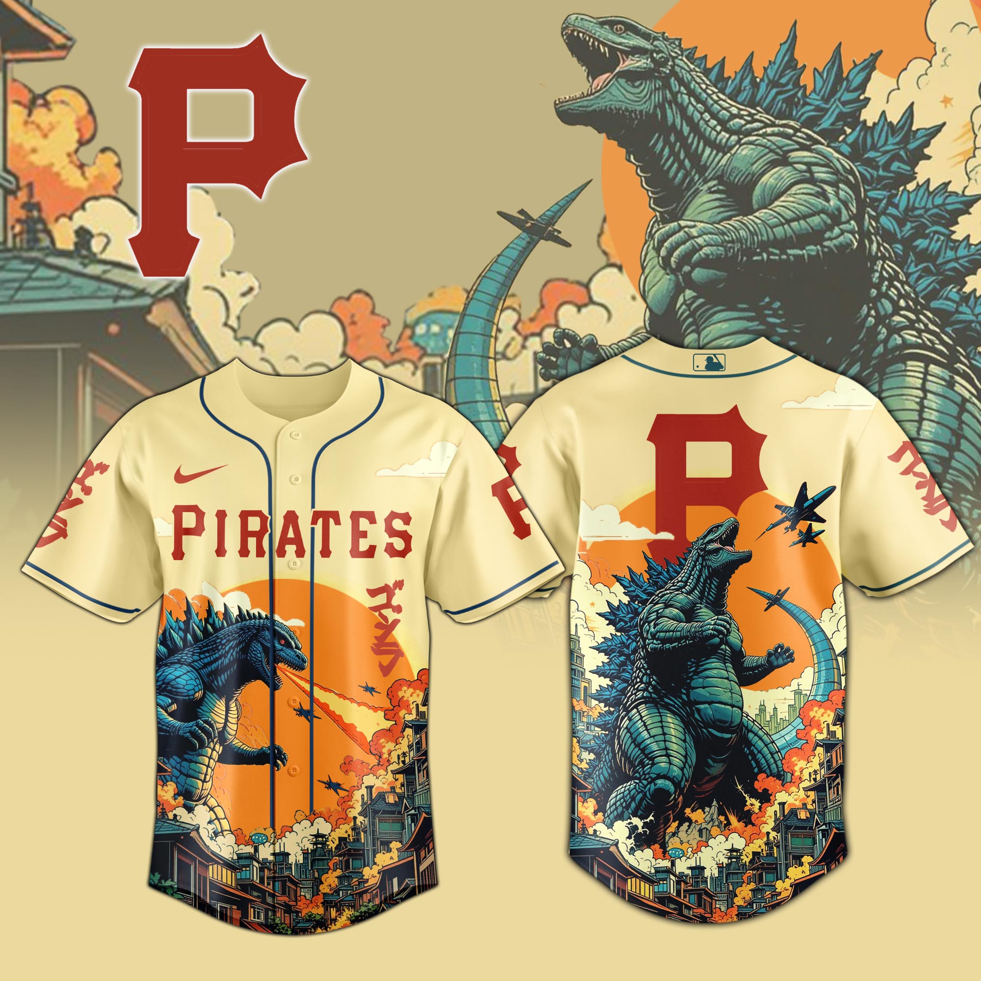 Pittsburgh Pirates Mlb X Godzilla Attack Custom Baseball Jersey