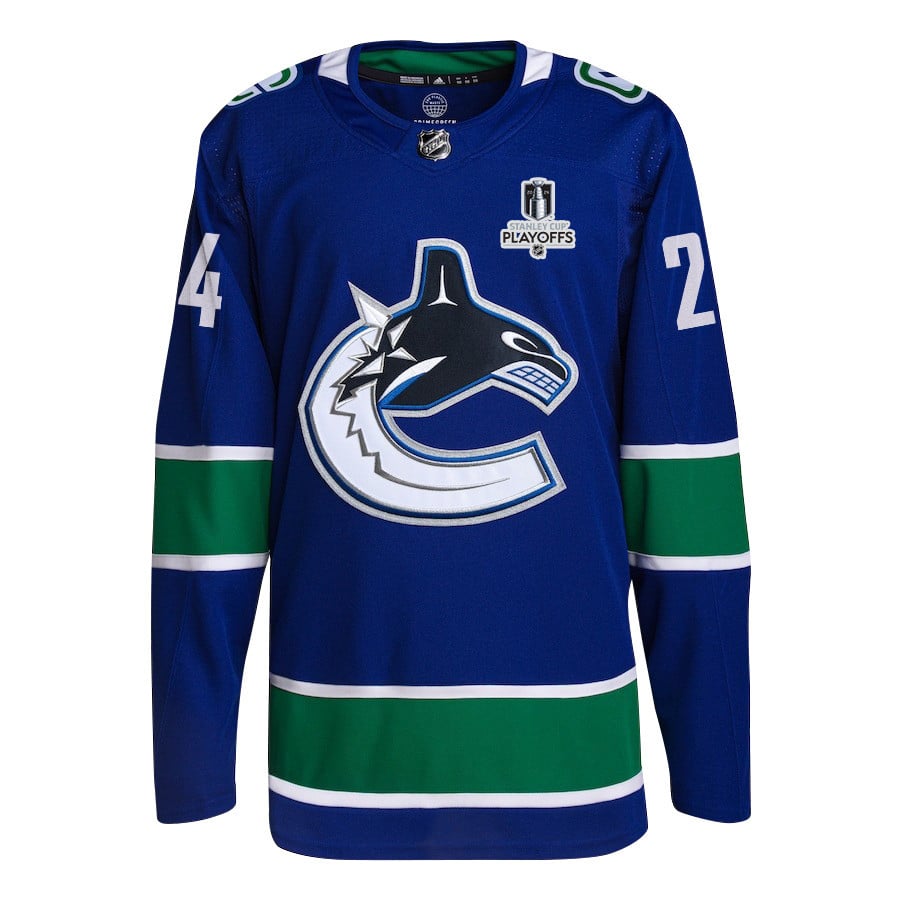 Alternative view of Pius Suter 24 Vancouver Canucks 2024 NHL Playoffs Patch Home Hockey Jersey - Men, Blue - JS246 