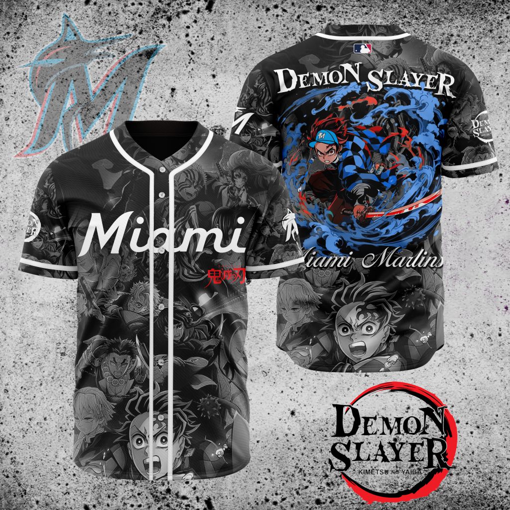 Premium Mlb Miami Marlins X Demon Slayer Custom Baseball Jersey