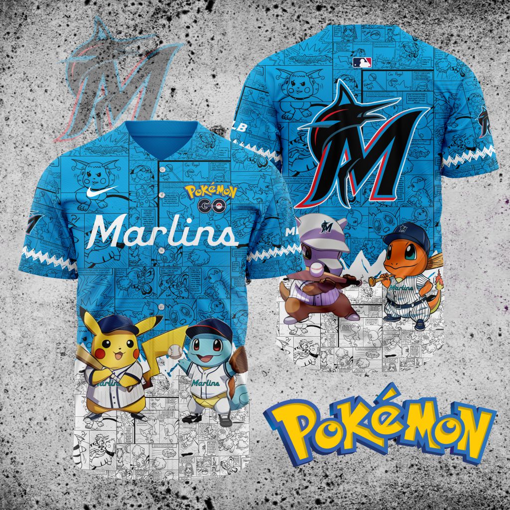 Premium Mlb Miami Marlins X Pokemon Custom Baseball Jersey