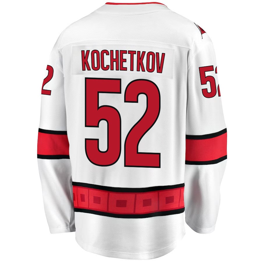 Alternative view of Pyotr Kochetkov 52 Carolina Hurricanes Stanley Cup 2023 Playoffs Patch Away Breakaway Men Hockey Jersey - White - JS940 