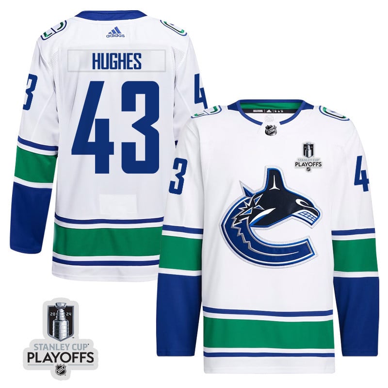Quinn Hughes 43 Vancouver Canucks 2024 NHL Playoffs Patch Away Hockey Jersey - Men, White - JS227 