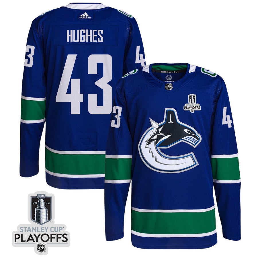 Quinn Hughes 43 Vancouver Canucks 2024 NHL Playoffs Patch Home Hockey Jersey - Men, Blue - JS406 