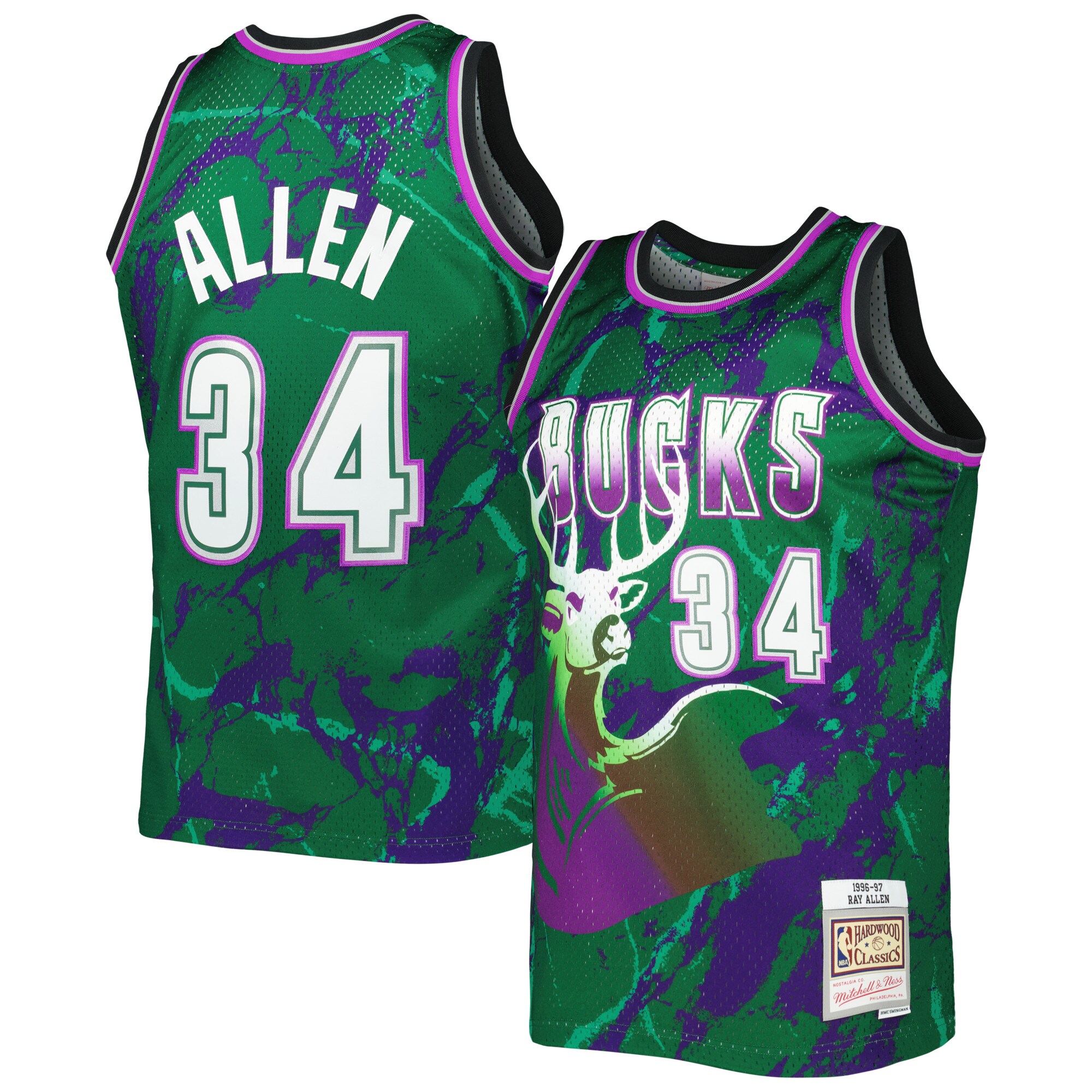 Alternative view of Ray Allen Milwaukee Bucks Mitchell & Ness 1996/97 Hardwood Classics Marble Swingman Basketball Jersey - Green