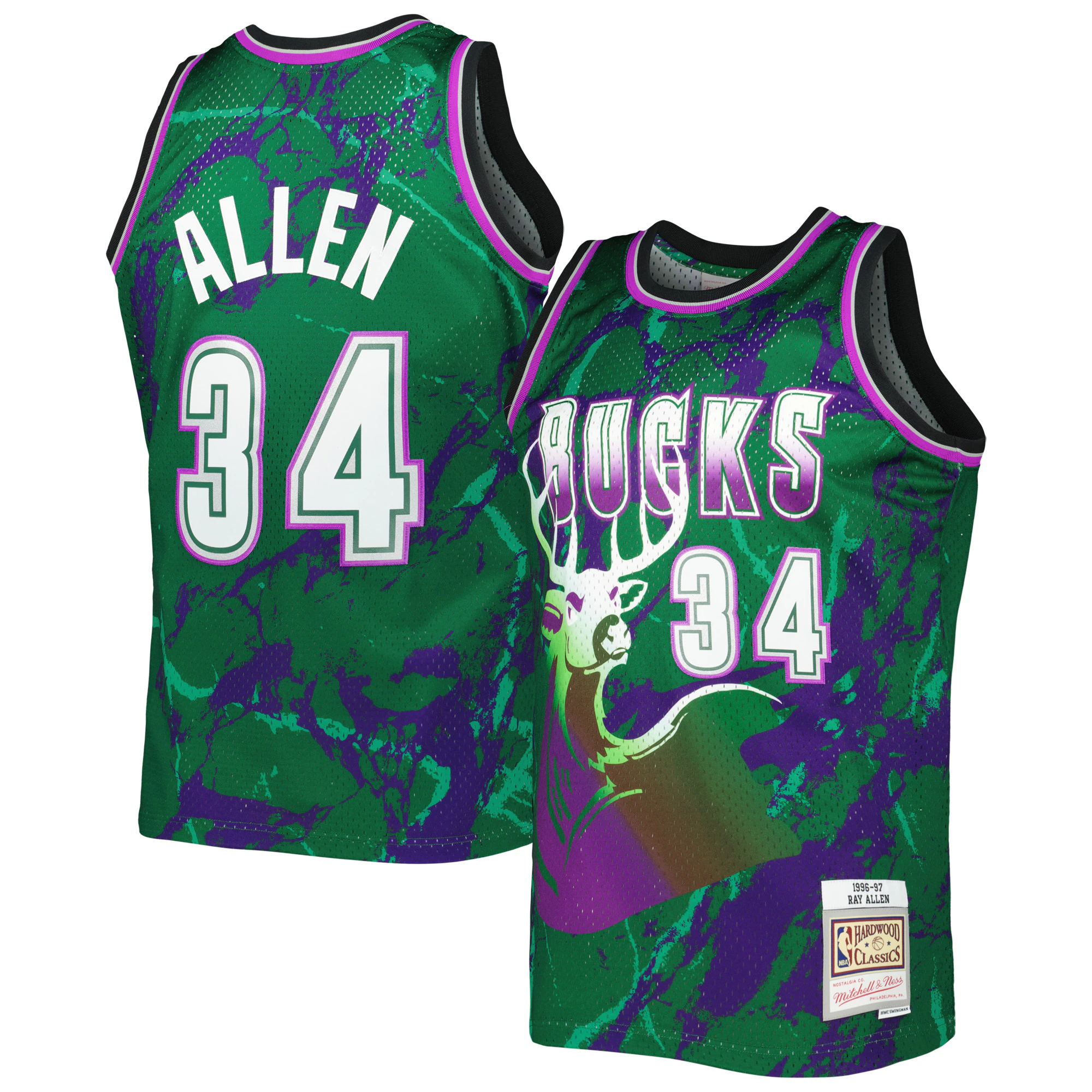 Ray Allen Milwaukee Bucks Mitchell & Ness 1996/97 Hardwood Classics Marble Swingman Basketball Jersey - Green