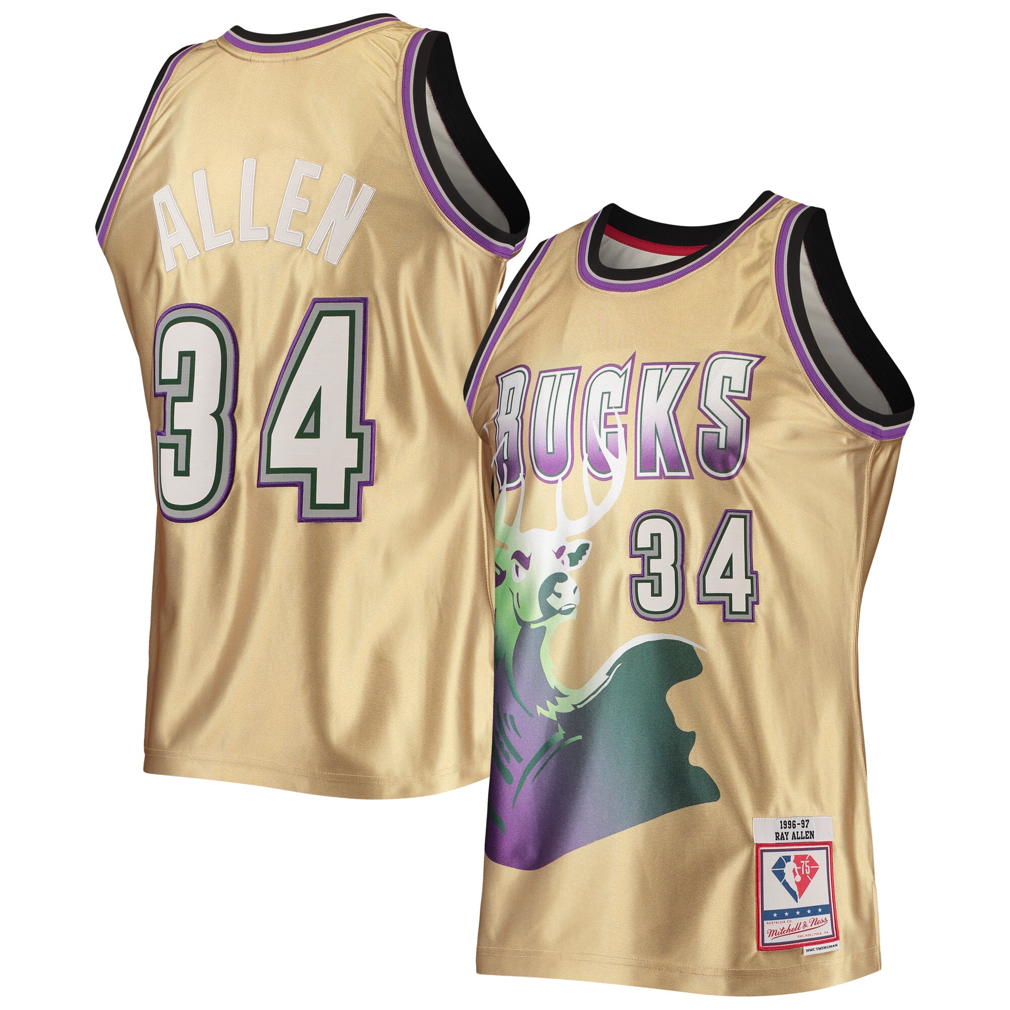 Alternative view of Ray Allen Milwaukee Bucks Mitchell & Ness 75th Anniversary 1996/97 Hardwood Classics Swingman Basketball Jersey - Gold