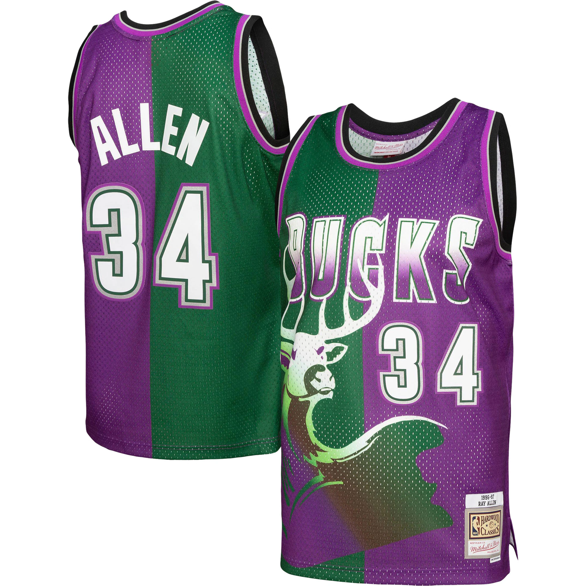 Ray Allen Milwaukee Bucks Mitchell & Ness Hardwood Classics 1996/97 Split Swingman Basketball Jersey - Green/purple