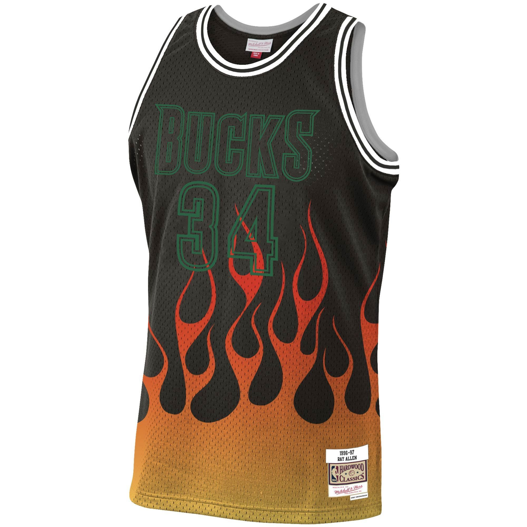 Alternative view of Ray Allen Milwaukee Bucks Mitchell & Ness 1996-97 Hardwood Classics Flames Swingman Basketball Jersey – Black - JS439 