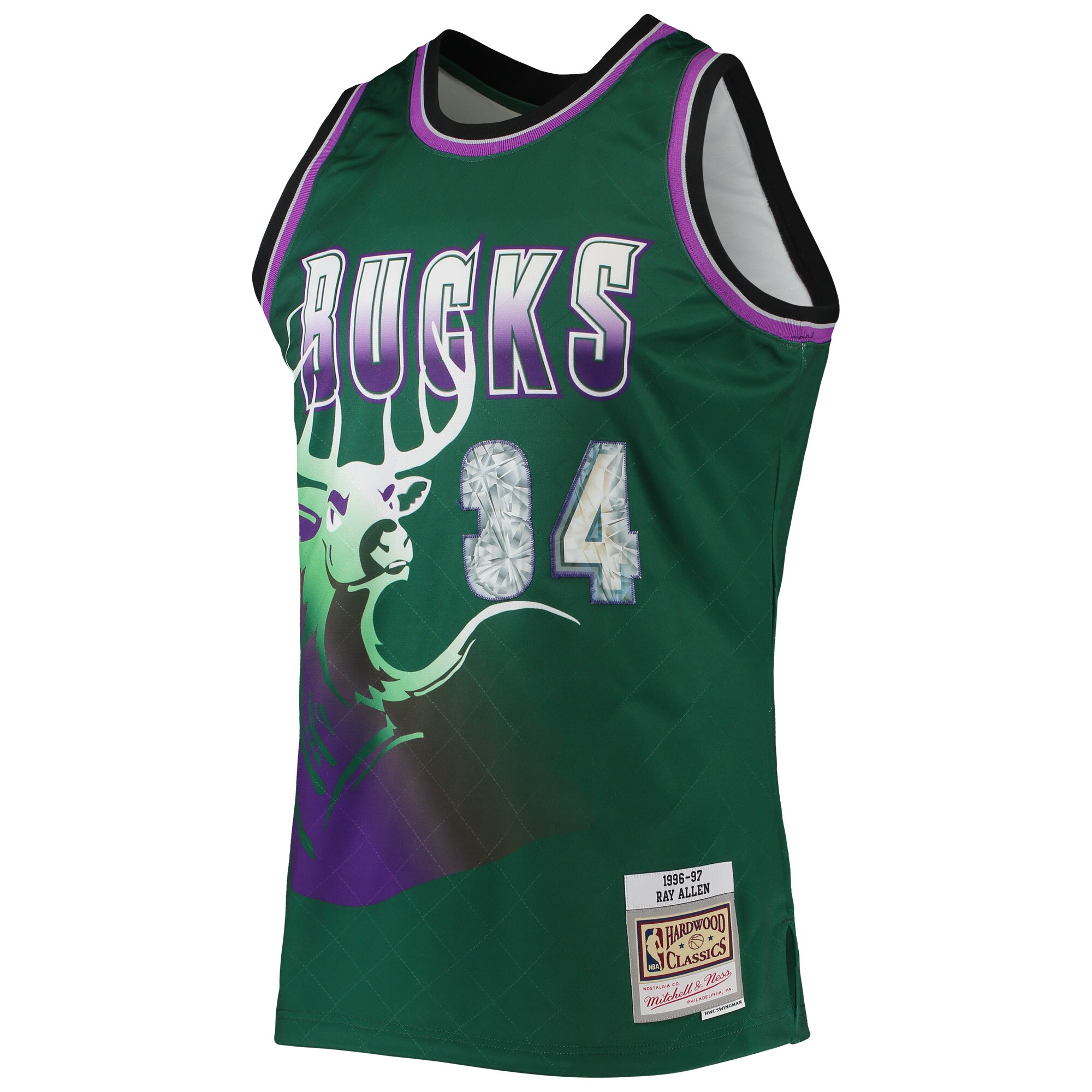 Alternative view of Ray Allen Milwaukee Bucks Mitchell & Ness 1996/97 Hardwood Classics Nba 75th Anniversary Diamond Swingman Basketball Jersey - Green