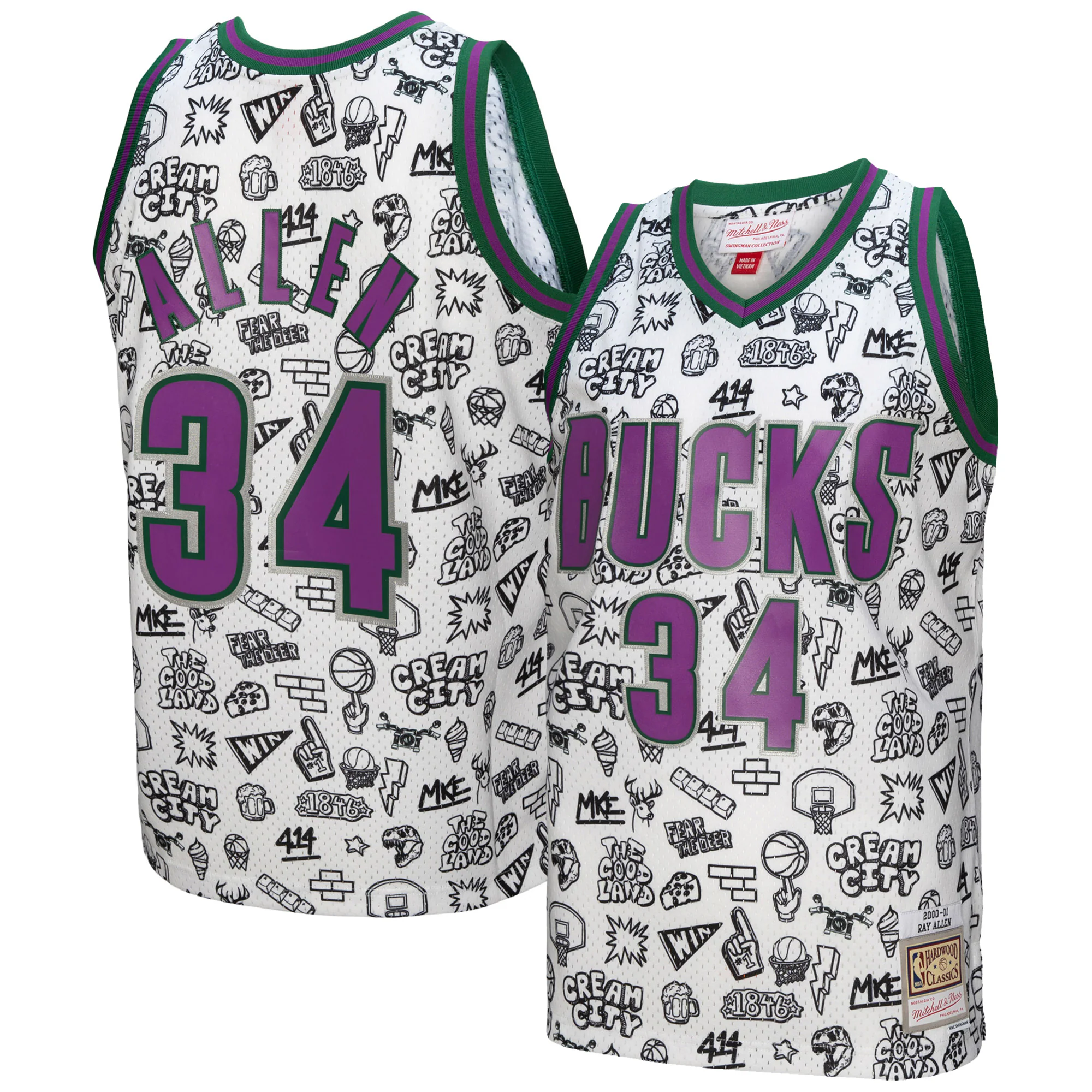 Alternative view of Ray Allen Milwaukee Bucks Mitchell & Ness 2000/01 Swingman Basketball Jersey - White
