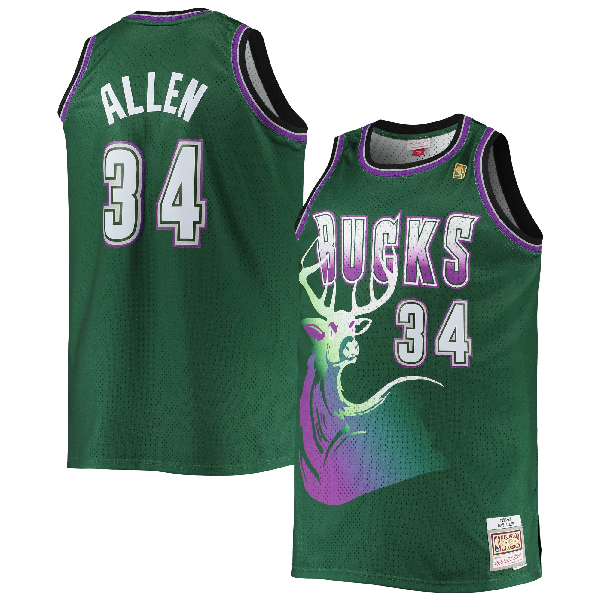 Alternative view of Ray Allen Milwaukee Bucks Mitchell & Ness Big & Tall 1996/97 Hardwood Classics Swingman Basketball Jersey - Hunter Green