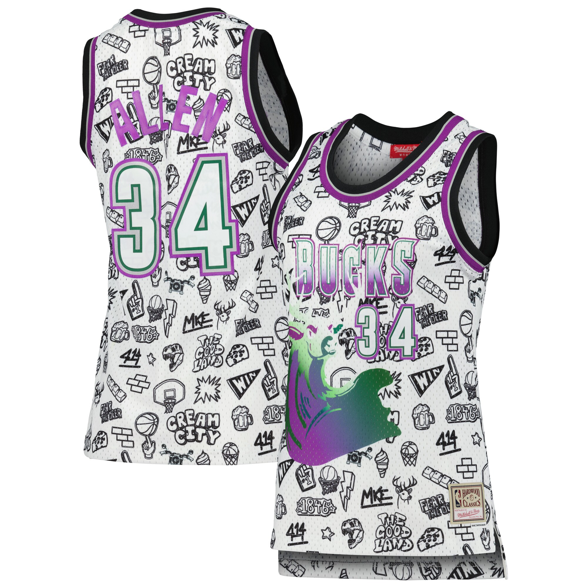Ray Allen Milwaukee Bucks Mitchell & Ness Women's 1996 Doodle Swingman Basketball Jersey - White